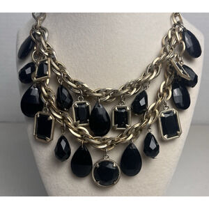 Two Tier Necklace Double Strand Multifaceted Black Beads Brass Gold Tone Vintage